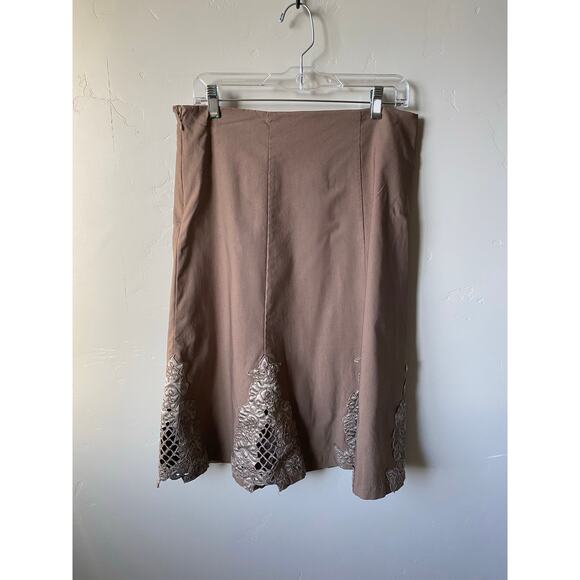 Spiral Brown Embroidered A-Line Cotton Blend Midi Skirt- Size Large - Picture 5 of 9
